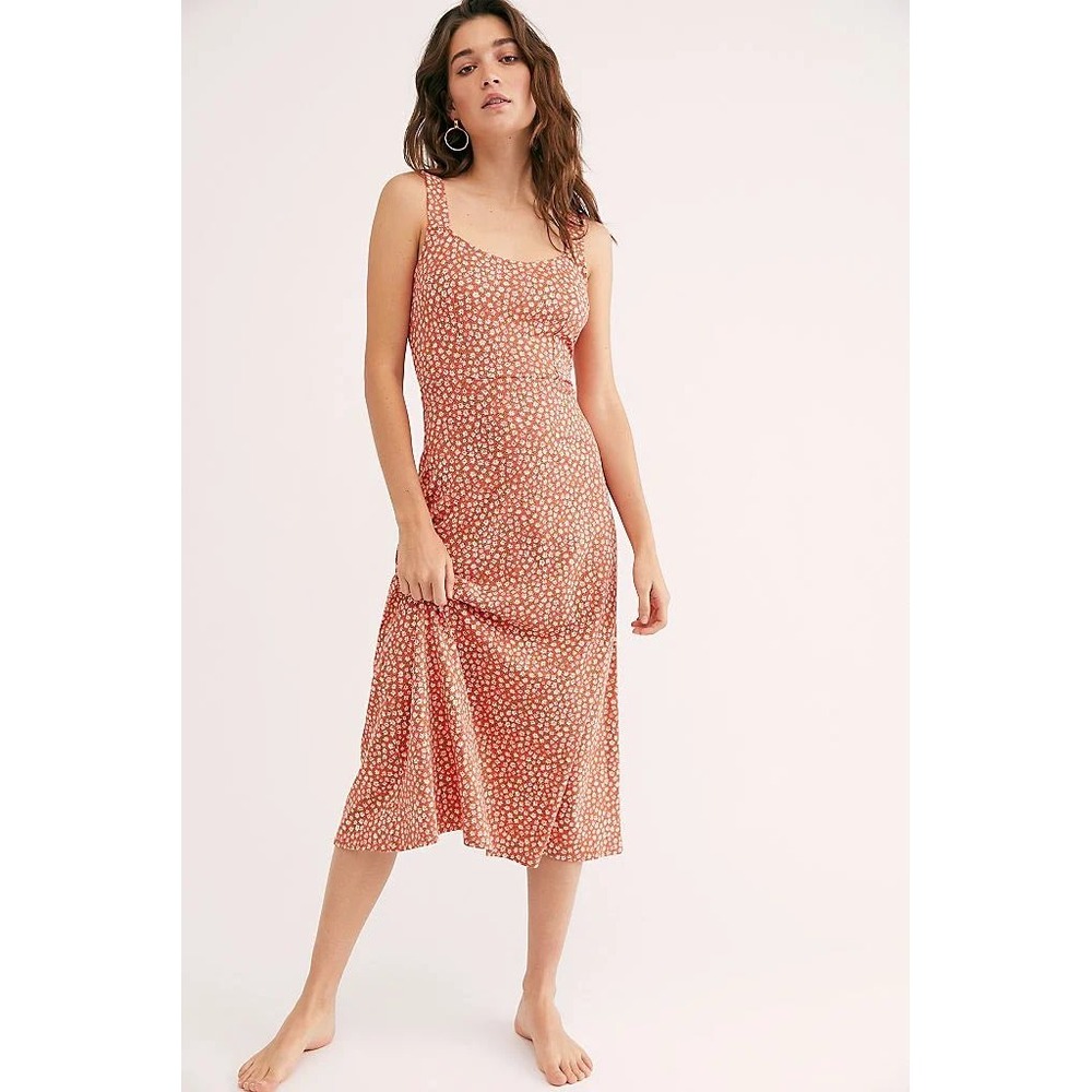 Free People Midi Dress Lorelei Printed Sleeveless Floral Ditsy Orange Medium